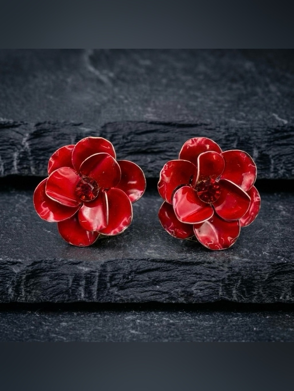 Vintage 60s Red Enamel Layered Flower Rhinestone Gold Tone Clip On Earrings